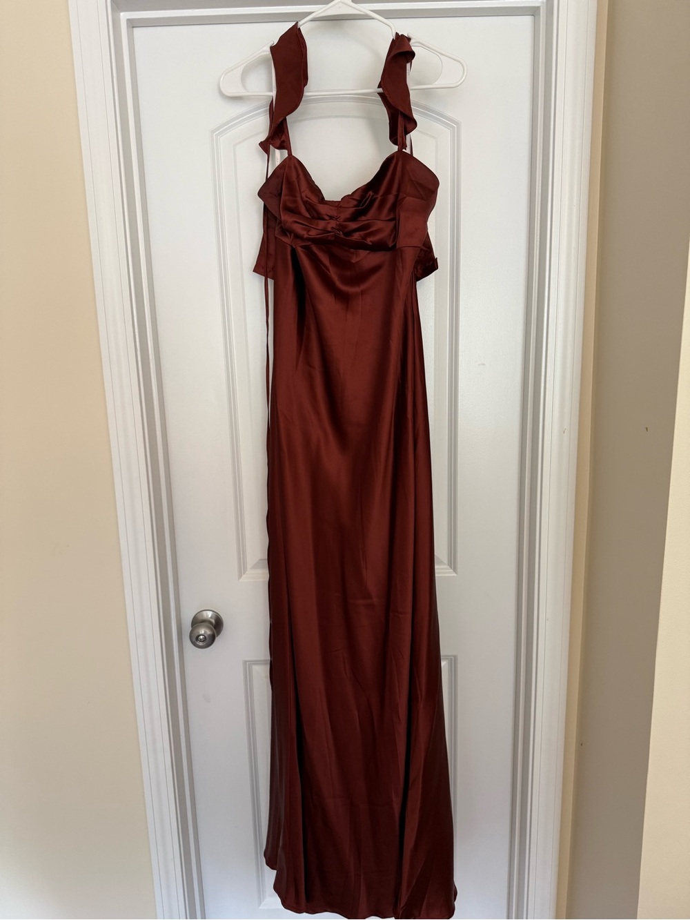 Lulu's Rust-Brown Satin Ruffle-Shoulder Maxi Dress